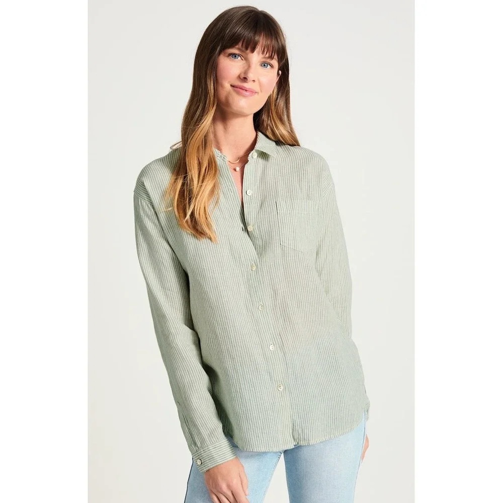 J. Jill Love Linen Essential Button Down Long Sleeve Shirt Medium Sage Green NWT
